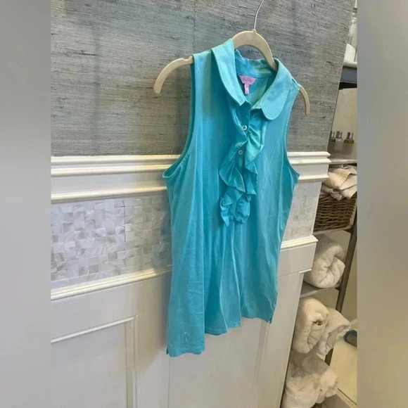Lilly Pulitzer sleeveless drew collar ruffle top shorley blue medium tank - Picture 5 of 11